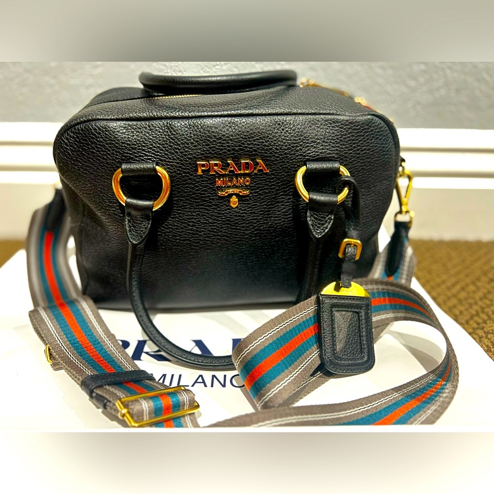Prada 2022 Vitello Phenix Black Leather Stripe Strap Satchel Bag